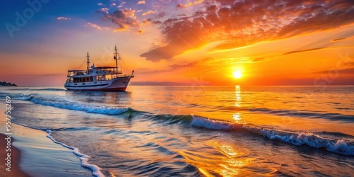 Scenic sunset over the sea, touristic ship sailing through the water in Poland seaside Leba village and beach, Scenic