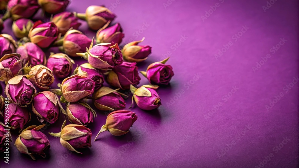 Dried damask rose buds on vibrant purple background, rose buds, dried flowers, damask rose Dried damask rose buds on vibrant purple background, rose buds, dried flowers, damask rose
