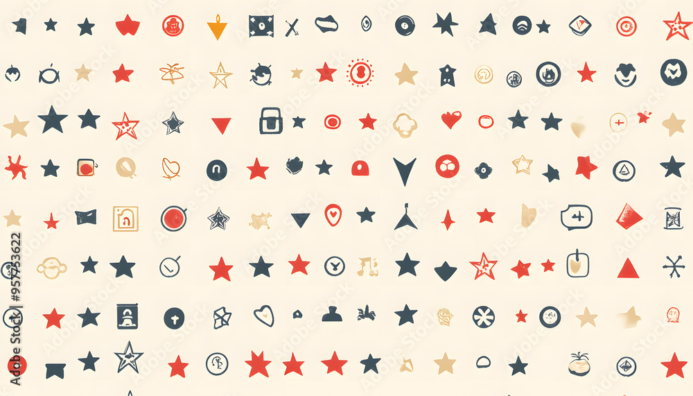 Fototapeta premium Repeating small icons, like stars, dots, or simple symbols, evenly spaced on a neutral background for a subtle pattern.