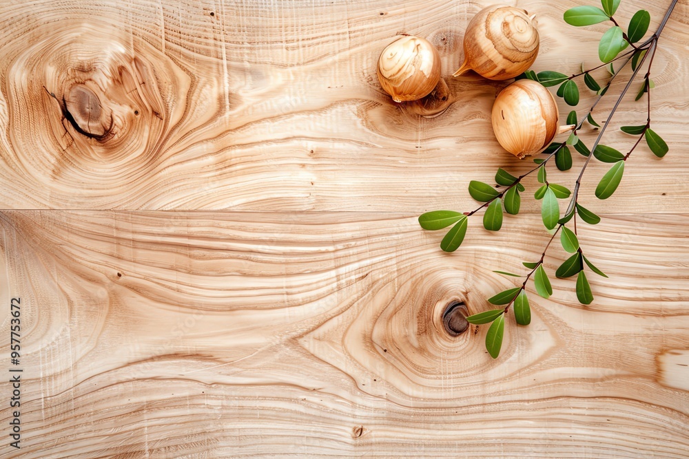 Natural wood texture with decorative elements including smooth wooden balls and green leaves, perfect for organic design projects. Natural wood texture with decorative elements including smooth wooden balls and green leaves, perfect for organic design projects.