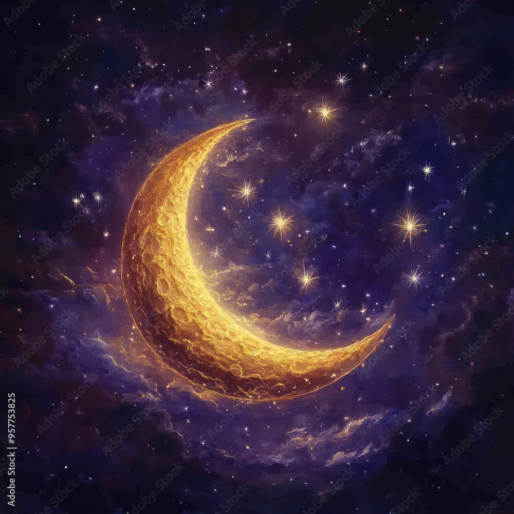 Golden Crescent Moon Amidst a Starry Night Sky Golden Crescent Moon Amidst a Starry Night Sky