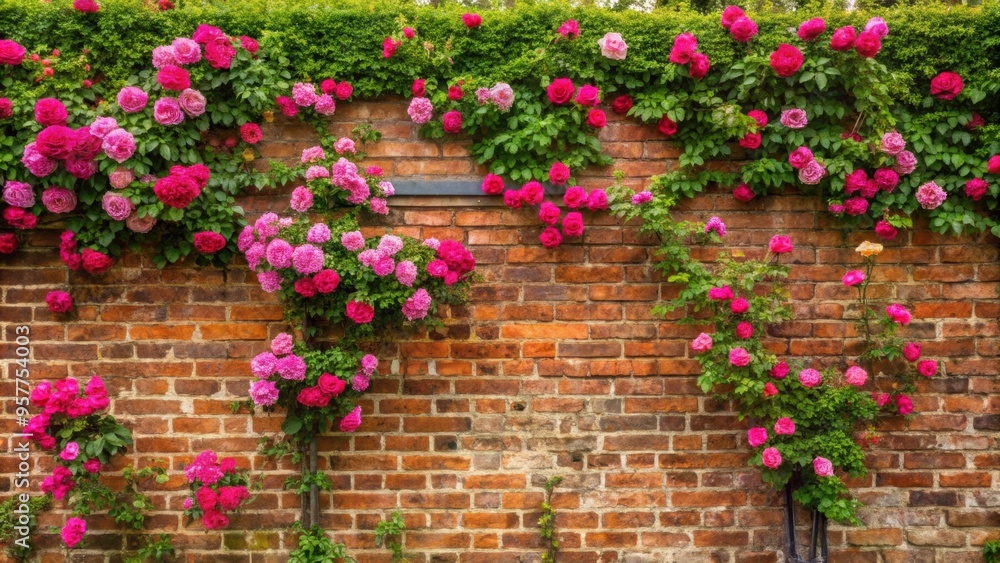 Naklejka premium Old brick wall with climbing roses in full bloom , antique, historic, architecture, flowers, vines, red, pink, blossoms