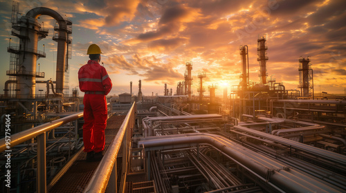 Engineer Overlooking Industrial Refinery at Sunrise in Safety Gear