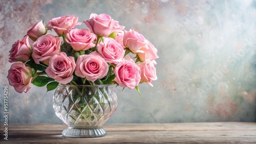 A beautiful arrangement of pink roses in a crystal vase , flowers, pink, roses, floral, arrangement, beautiful, delicate, elegant