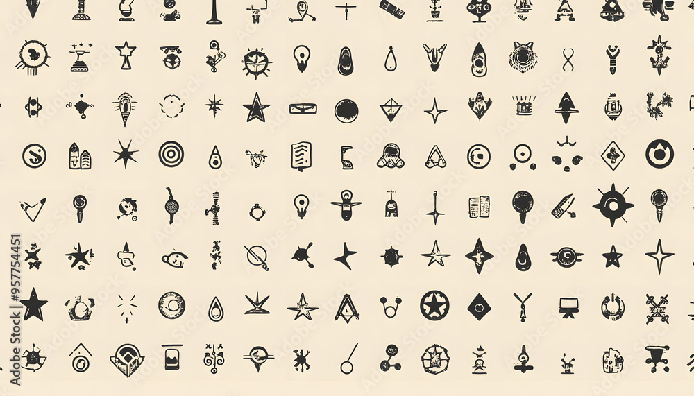 Fototapeta premium Repeating small icons, like stars, dots, or simple symbols, evenly spaced on a neutral background for a subtle pattern.
