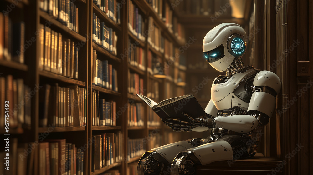 A robot sitting on a bench in a library, reading a book, surrounded by shelves filled with books
