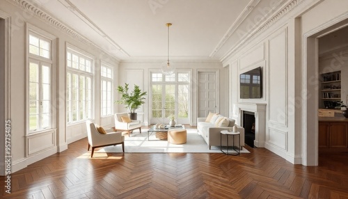 a modern living room with herringbone wood flooring, white walls with decorative moldings, and large windows allowing ample natural light