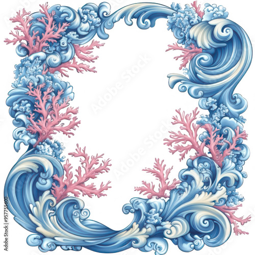 Ornate decorative frame featuring blue ocean waves and pink coral accents, creating a beautifully detailed underwater-themed border design photo