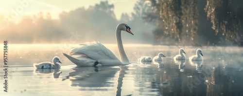 Graceful swan with cygnets swimming on lake, 4K hyperrealistic photo photo