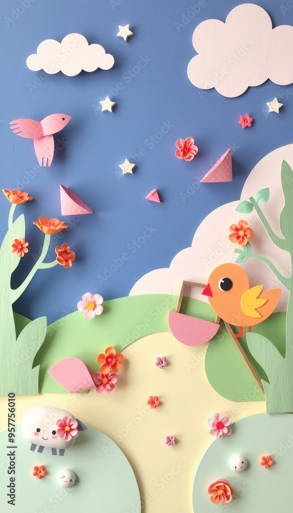 Paper cut out of cute bird with flowers in a field. Paper cut out of cute bird with flowers in a field.
