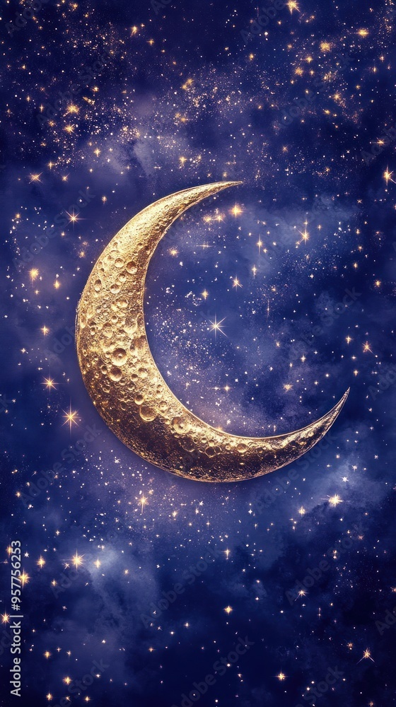 Fototapeta premium Golden Crescent Moon in a Starry Night Sky
