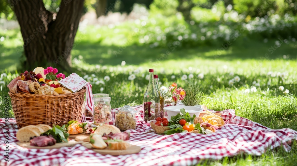 Picnic baskets filled with food and personal items were wrapped in reusable paper bags and placed on blankets on the green grass Picnic baskets filled with food and personal items were wrapped in reusable paper bags and placed on blankets on the green grass