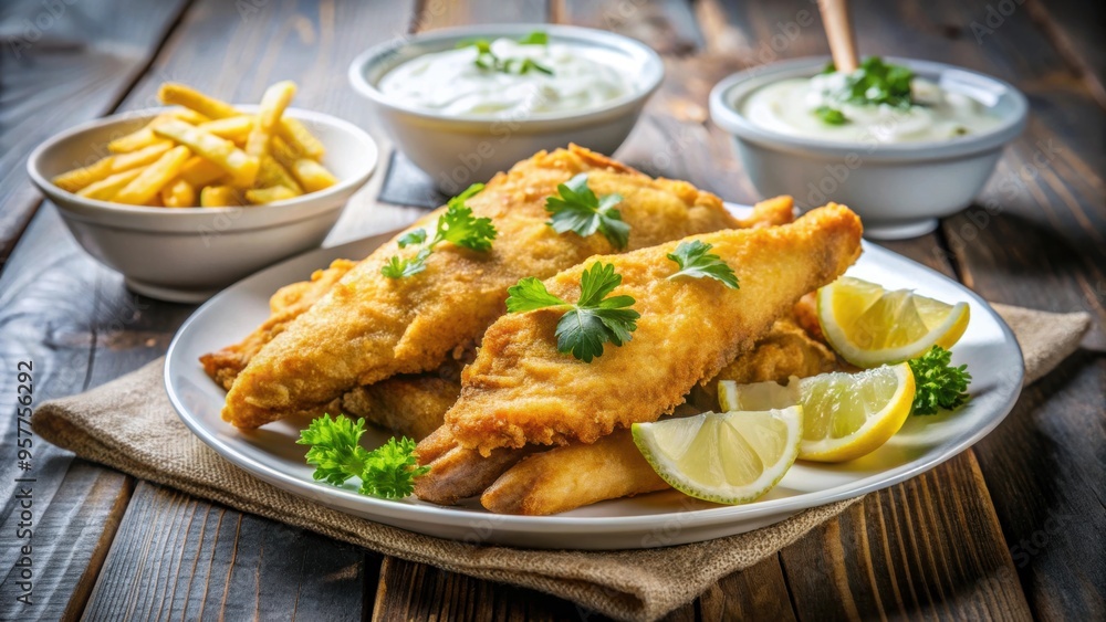 Crispy deep-fried flathead fish served with lemon slices and tartar sauce, Japanese, cuisine, seafood, appetizer Crispy deep-fried flathead fish served with lemon slices and tartar sauce, Japanese, cuisine, seafood, appetizer