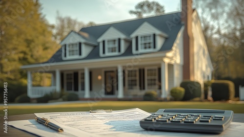 A serene suburban home with papers, a calculator, and a pen on a table, symbolizing the financial planning involved in refinancing, emphasizing clarity in cost estimates photo