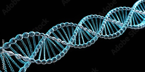 DNA strands on black background, genetics, biotechnology, science, research, biochemistry, molecular biology