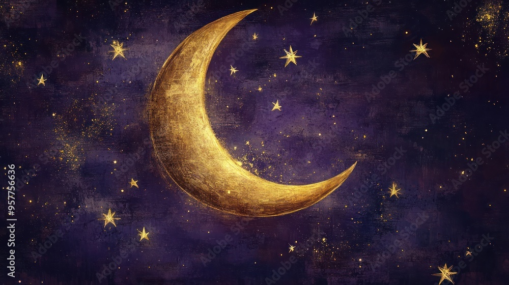 Naklejka premium Golden Crescent Moon and Stars in a Night Sky