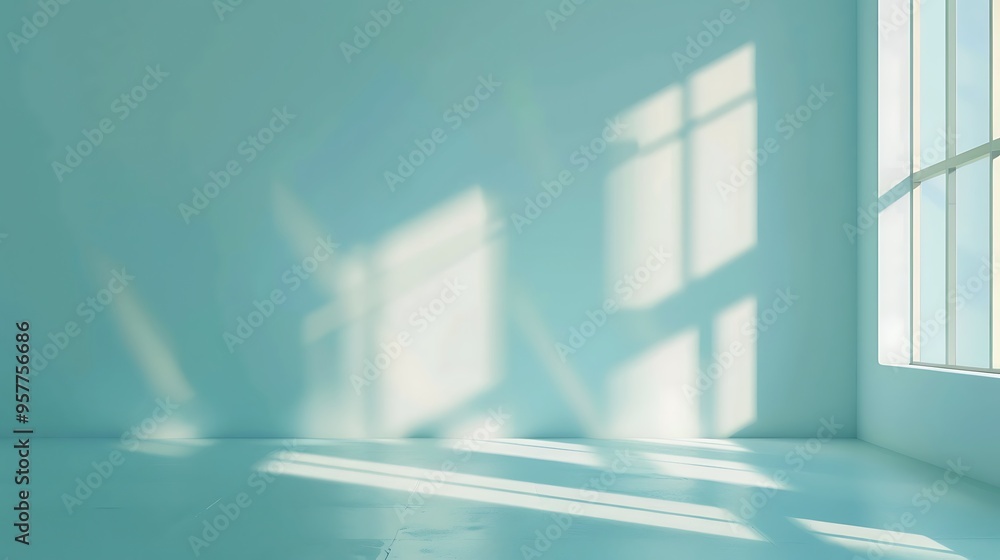 Obraz premium Minimal simple abstract light blue background with shadow and light from window on wall.