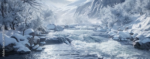Wallpaper Mural Icy river flowing through a snowy valley, 4K hyperrealistic photo Torontodigital.ca