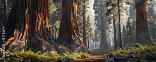 Towering sequoia in ancient forest setting, 4K hyperrealistic photo