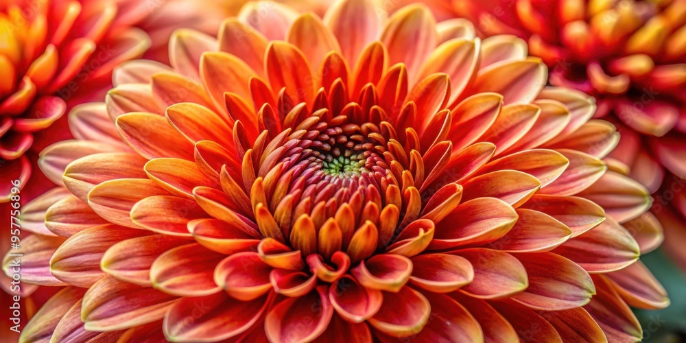 Macro shot of a vibrant red-orange chrysanthemum flower core with delicate petals and budding center, chrysanthemum, flower, red Macro shot of a vibrant red-orange chrysanthemum flower core with delicate petals and budding center, chrysanthemum, flower, red