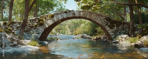 Majestic arched stone bridge over a serene river, 4K hyperrealistic photo