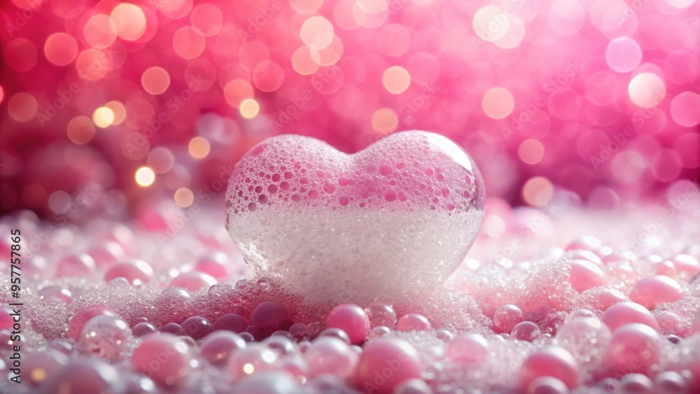 Fototapeta premium Heart shape made of soap foam on pink bokeh background with bubbles , spa, beauty treatment, hygiene