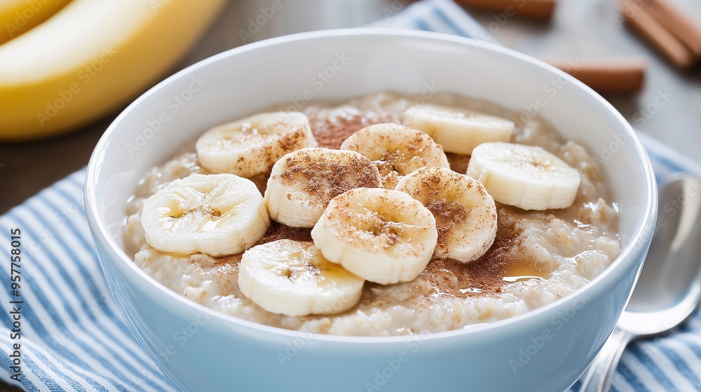 Banana Cinnamon Oatmeal Bliss: A warm bowl of hearty oatmeal topped with fresh banana slices and a sprinkle of cinnamon, perfect for a comforting and nutritious breakfast. Banana Cinnamon Oatmeal Bliss: A warm bowl of hearty oatmeal topped with fresh banana slices and a sprinkle of cinnamon, perfect for a comforting and nutritious breakfast.