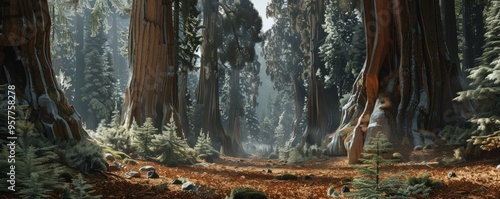 Towering sequoia trees in ancient forest, 4K hyperrealistic photo
