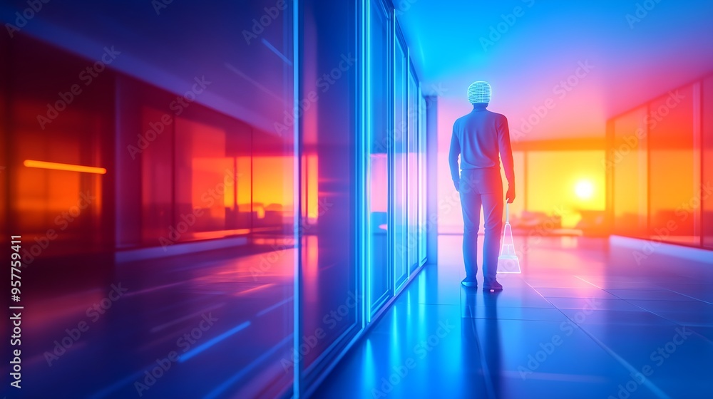 Futuristic housekeeper using AI-assisted cleaning device on windows, vibrant spring colors, sleek modern apartment, holographic accents, sci-fi theme, cinematic lighting Futuristic housekeeper using AI-assisted cleaning device on windows, vibrant spring colors, sleek modern apartment, holographic accents, sci-fi theme, cinematic lighting