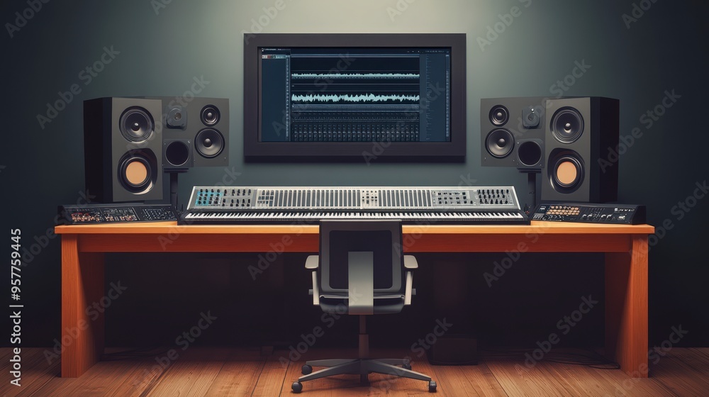 Professional Recording Studio Setup with Mixing Console, Microphones, Studio Monitors, and Keyboard/Synthesizer for Music Production Excellence Professional Recording Studio Setup with Mixing Console, Microphones, Studio Monitors, and Keyboard/Synthesizer for Music Production Excellence