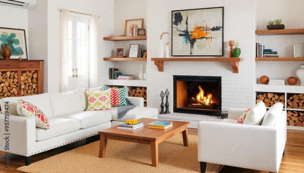 an interior featuring a white sectional sofa with colorful pillows, a wooden coffee table, and a lit fireplace an interior featuring a white sectional sofa with colorful pillows, a wooden coffee table, and a lit fireplace