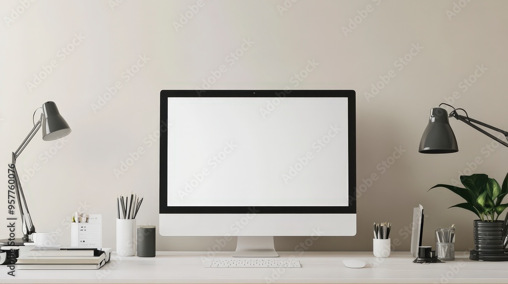 Minimalist White Blank Frame Mockup on Desk for Easy Insertion, Copy Space for Design Showcasing Minimalist White Blank Frame Mockup on Desk for Easy Insertion, Copy Space for Design Showcasing