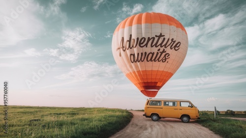 A yellow van is parked on a dirt road next to a large orange hot air balloon tha photo