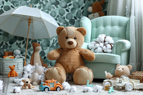 modern Scandinavian-style child's room features a variety of toys, including a teddy bear and plush animals, alongside a mint armchair, an umbrella, and cotton balls, all set against a backdrop of euc photo