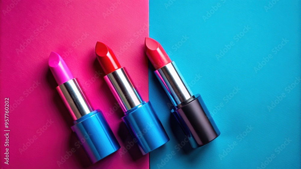 Obraz premium Pink and purple lipsticks on a vibrant red and blue background, lipsticks, cosmetics, makeup, beauty, vibrant, colorful