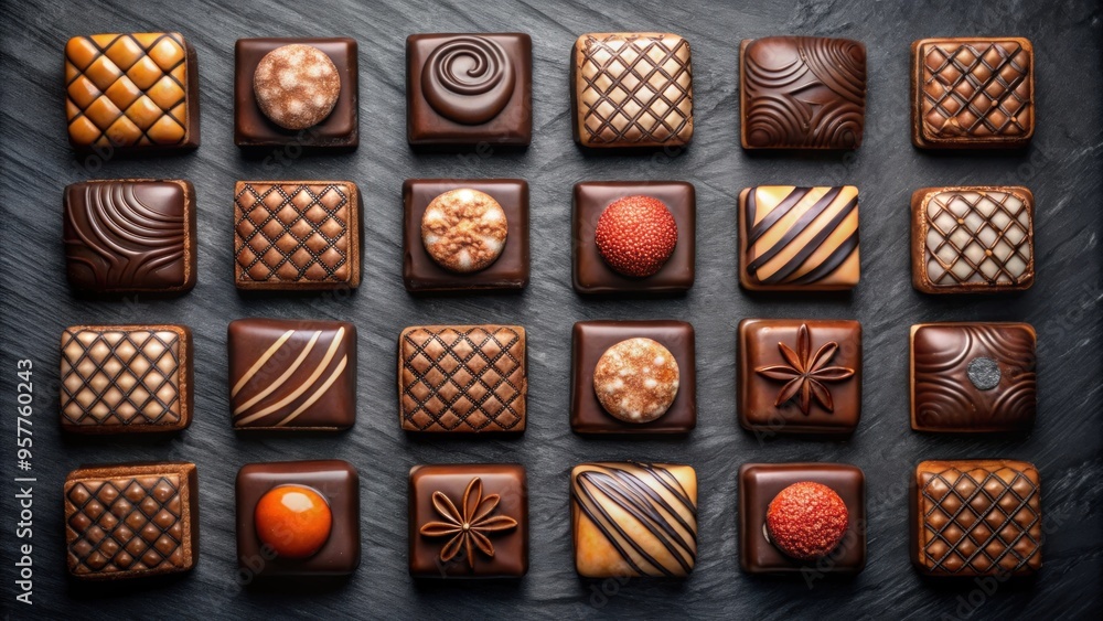 Top down view of aligned square chocolate pralines with different designs on dark background, chocolate, pralines Top down view of aligned square chocolate pralines with different designs on dark background, chocolate, pralines