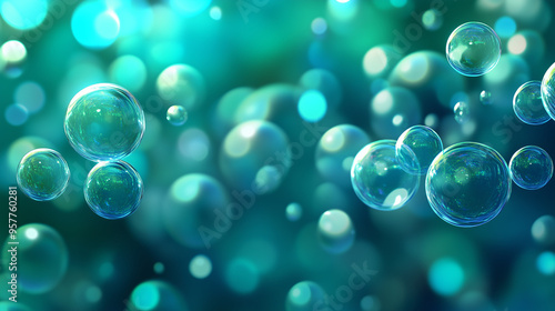 Wallpaper Mural 空間に浮かんだ美しく輝く青色と緑色のバブルをリアルに描いたAI生成画像 Torontodigital.ca