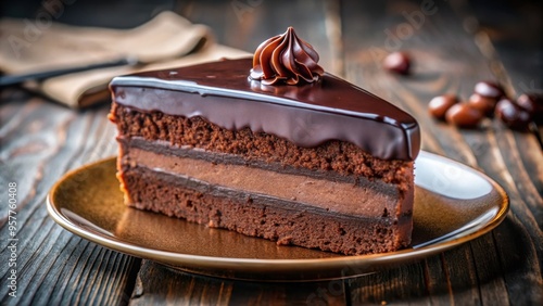 Decadent slice of chocolate cake drizzled with a rich chocolate glaze, dessert, sweet, treat, indulgence