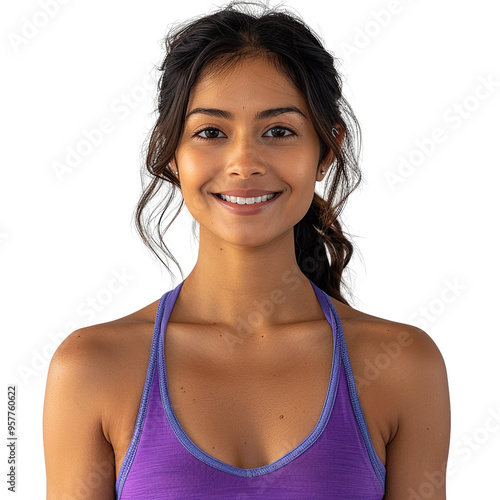 Front view mid body shot of an extremely beautiful 25 year old Indian woman in a captivating neon purple tank top and neon blue leggings, isolated on a white transparent background photo