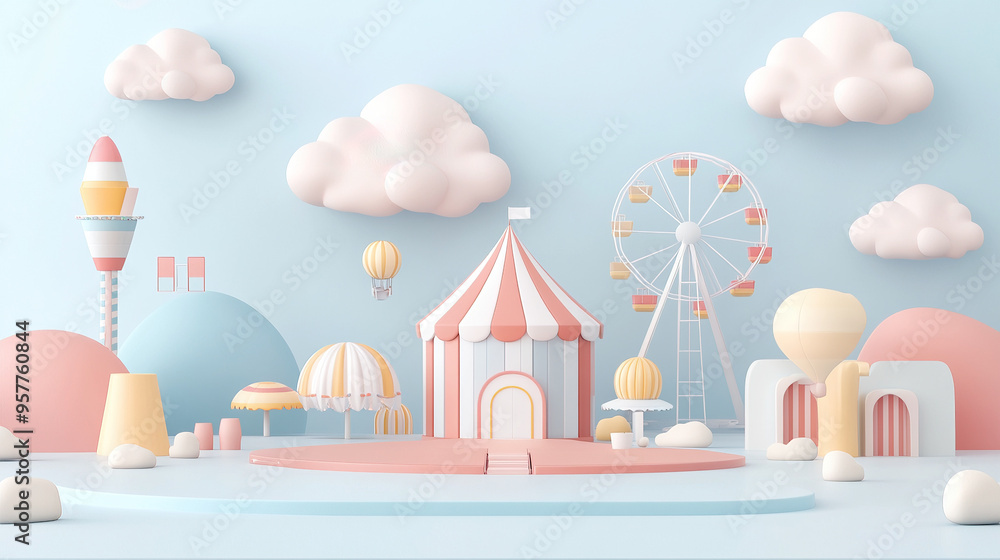 cute cartoon felt-textured amusement park with empty plaza, scene for e-commerce promotion cute cartoon felt-textured amusement park with empty plaza, scene for e-commerce promotion