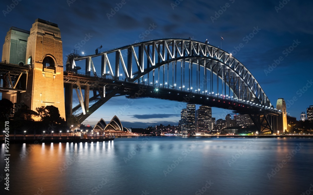Naklejka premium Harbour Bridge at Night: Illuminated Sydney Skyline with Reflections Background