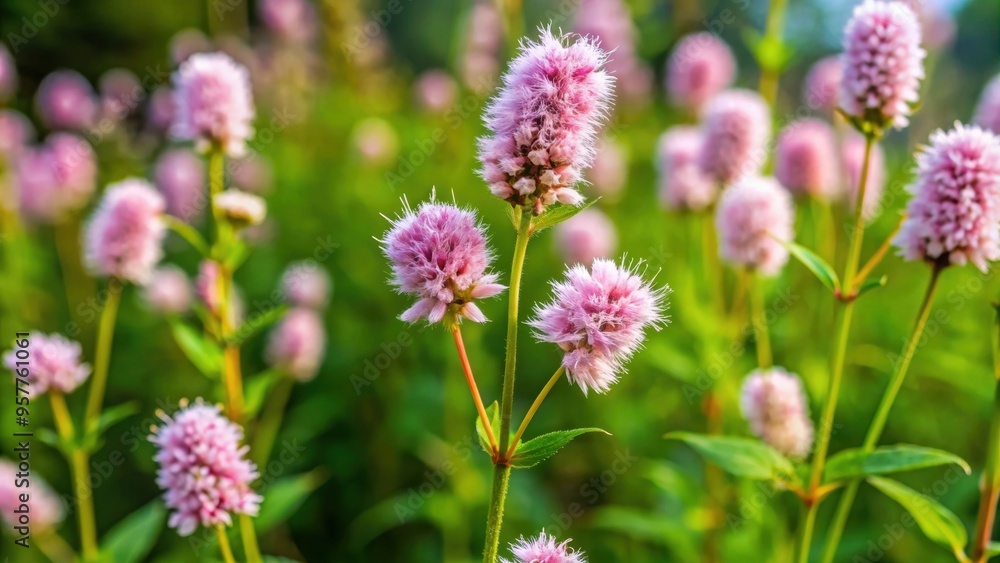 Common Bistort or Snakeroot plant with pink flowers in a natural wild habitat Common Bistort or Snakeroot plant with pink flowers in a natural wild habitat