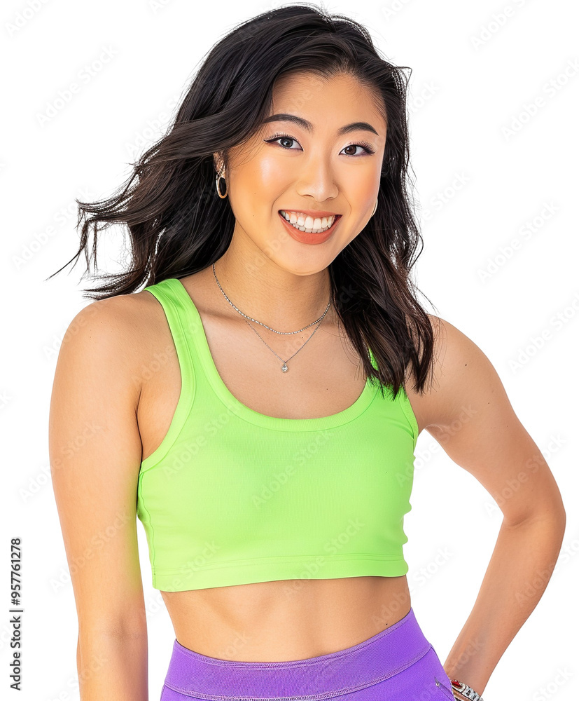 Front view mid body shot of an extremely beautiful 25-year-old Asian woman in a striking neon green tank top and neon purple mini skirt, isolated on a white transparent background Front view mid body shot of an extremely beautiful 25-year-old Asian woman in a striking neon green tank top and neon purple mini skirt, isolated on a white transparent background