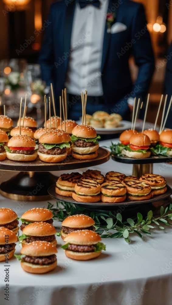 A table full of food, including hamburgers and other items A table full of food, including hamburgers and other items