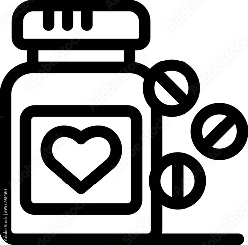 Line art icon of a cardiology medication bottle with heart drugs falling out, representing love pills and heart health