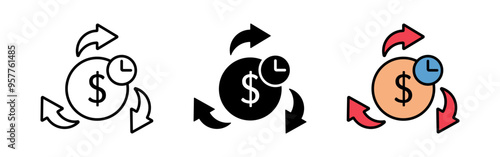 collection of payment processing icons. dollar symbol with clock sign and arrow. modern design