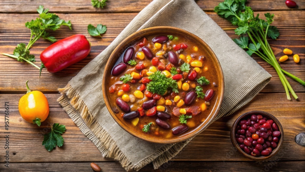 Bean and corn soup or ragout, red bean stew on a wooden background, vegan, protein, healthy, vegetarian, dish, meal, flavorful Bean and corn soup or ragout, red bean stew on a wooden background, vegan, protein, healthy, vegetarian, dish, meal, flavorful