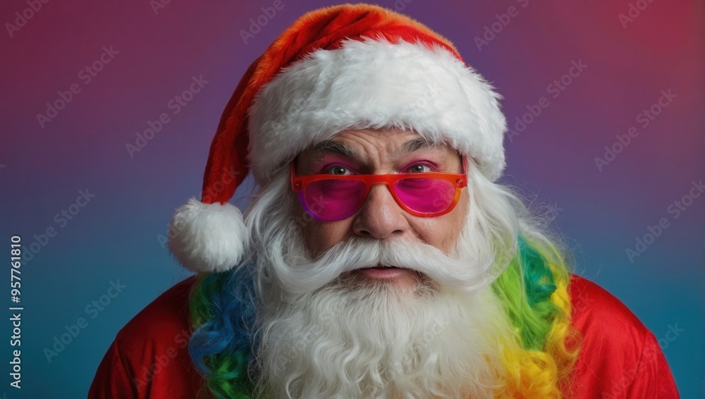 A man dressed as Santa clause in a red hat and glasses is looking at the camera A man dressed as Santa clause in a red hat and glasses is looking at the camera