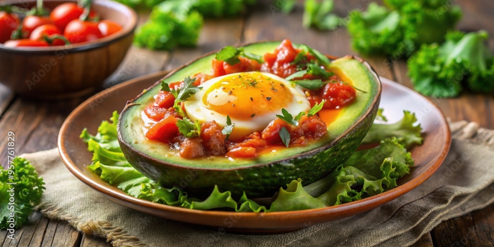 Avocado stuffed with egg, topped with tomato sauce, served with fresh salad , avocado, egg, tomato sauce, salad, healthy Avocado stuffed with egg, topped with tomato sauce, served with fresh salad , avocado, egg, tomato sauce, salad, healthy