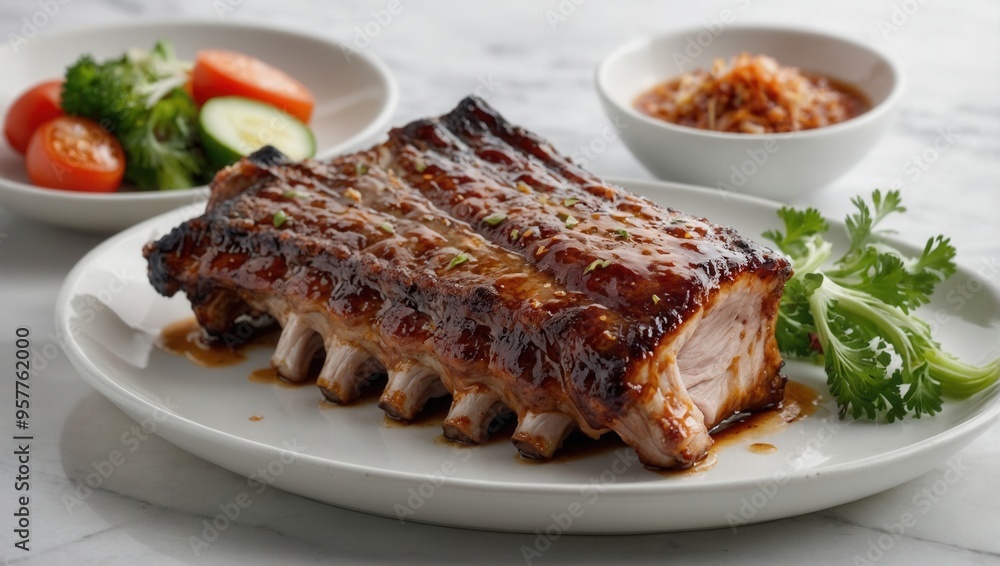 A piece of meat with sauce and parsley on top of a white plate A piece of meat with sauce and parsley on top of a white plate